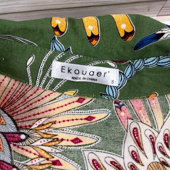 Ekouaer Floral Print Green Long Sleeve Women's size Small Cover Up Tunic Dress - Picture 4 of 5